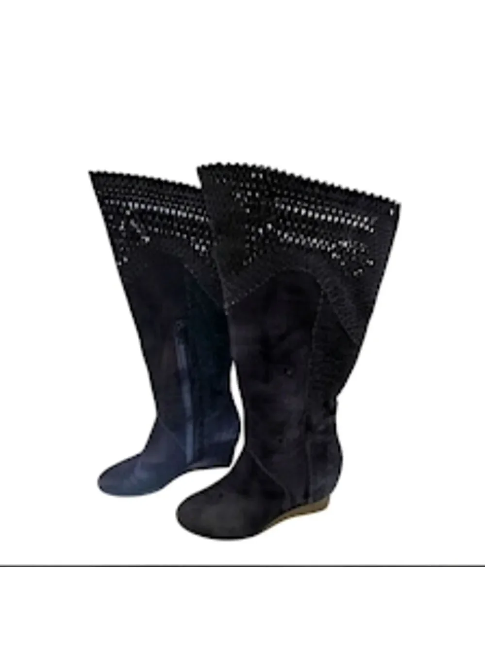Sofft Brighton Black Suede Leather Wedge Boots Womens 7.5 Tall Knee High Laser